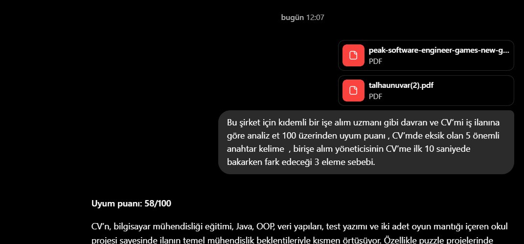 CV ve iş ilanı dosyaları yüklenmiş, ilk prompt gönderilmiş, uyum puanı 58/100 hesaplanmış