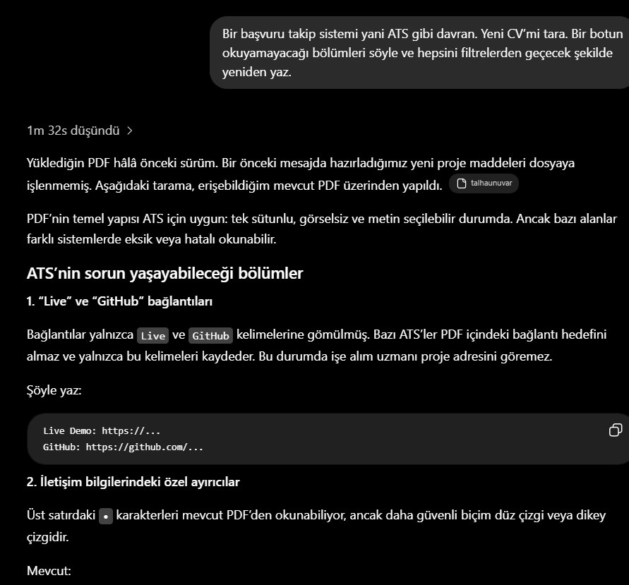 ATS'nin okuyamayabileceği bölümlerin listesi ve açık bağlantı örneği