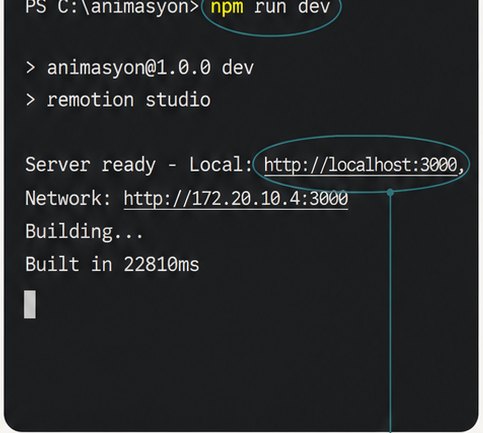 Remotion Studio'yu geliştirme modunda başlatan npm run dev komutu ve terminal çıktısı