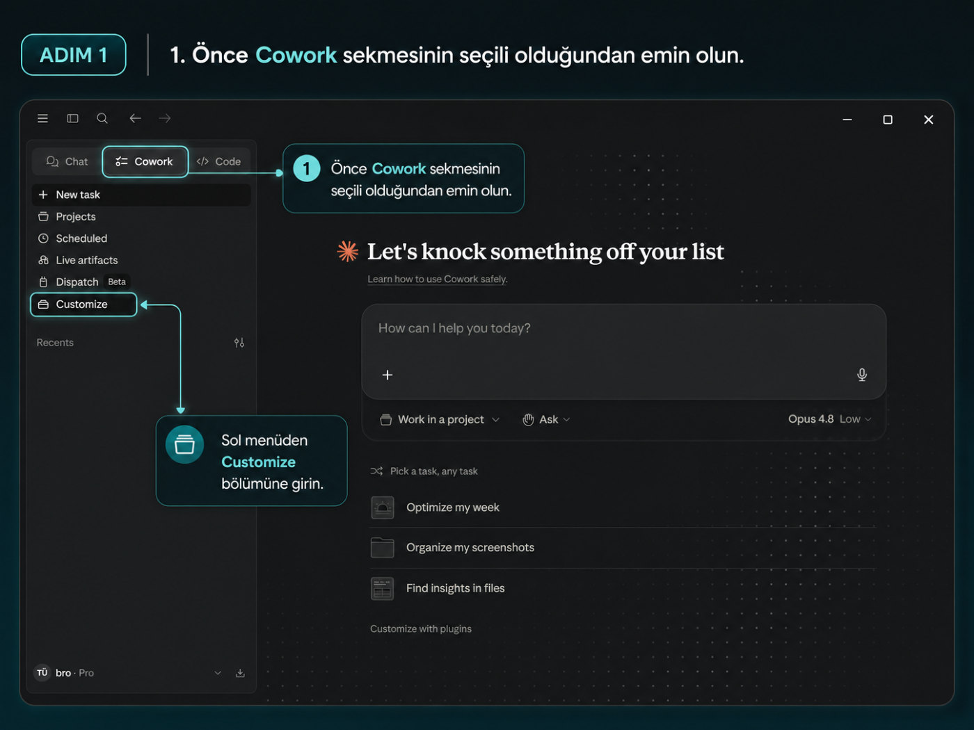 Cowork sekmesi seçili, sol menüde Customize bölümü işaretli