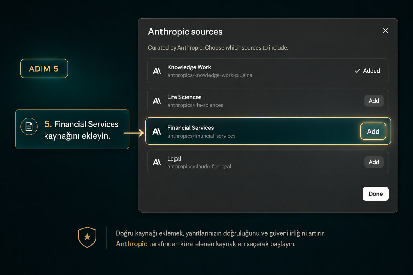 Anthropic sources listesinde Financial Services satırı ve Add butonu