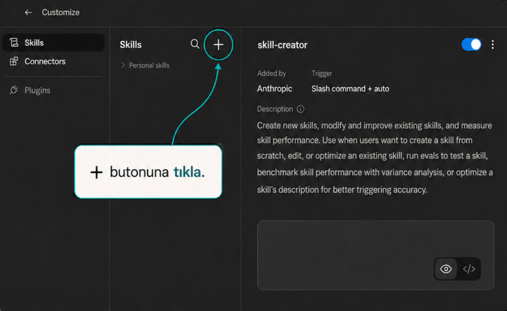 Skills ekranının üst kısmındaki artı butonu