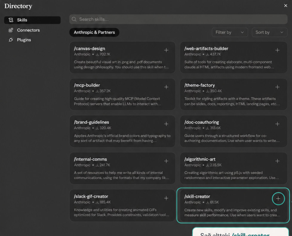 Skill dizininde /skill-creator kartı ve ekleme butonu