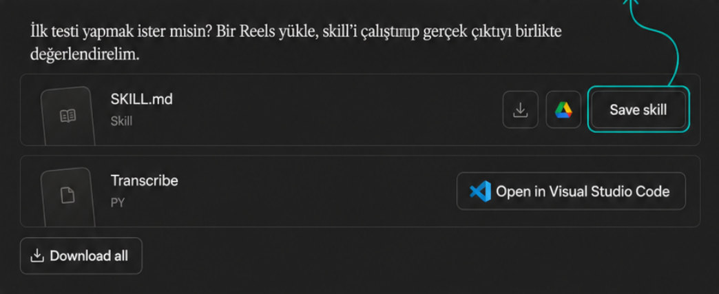 Üretilen SKILL.md dosyası ve Save skill butonu